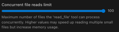 Concurrent file reads settings showing limit slider