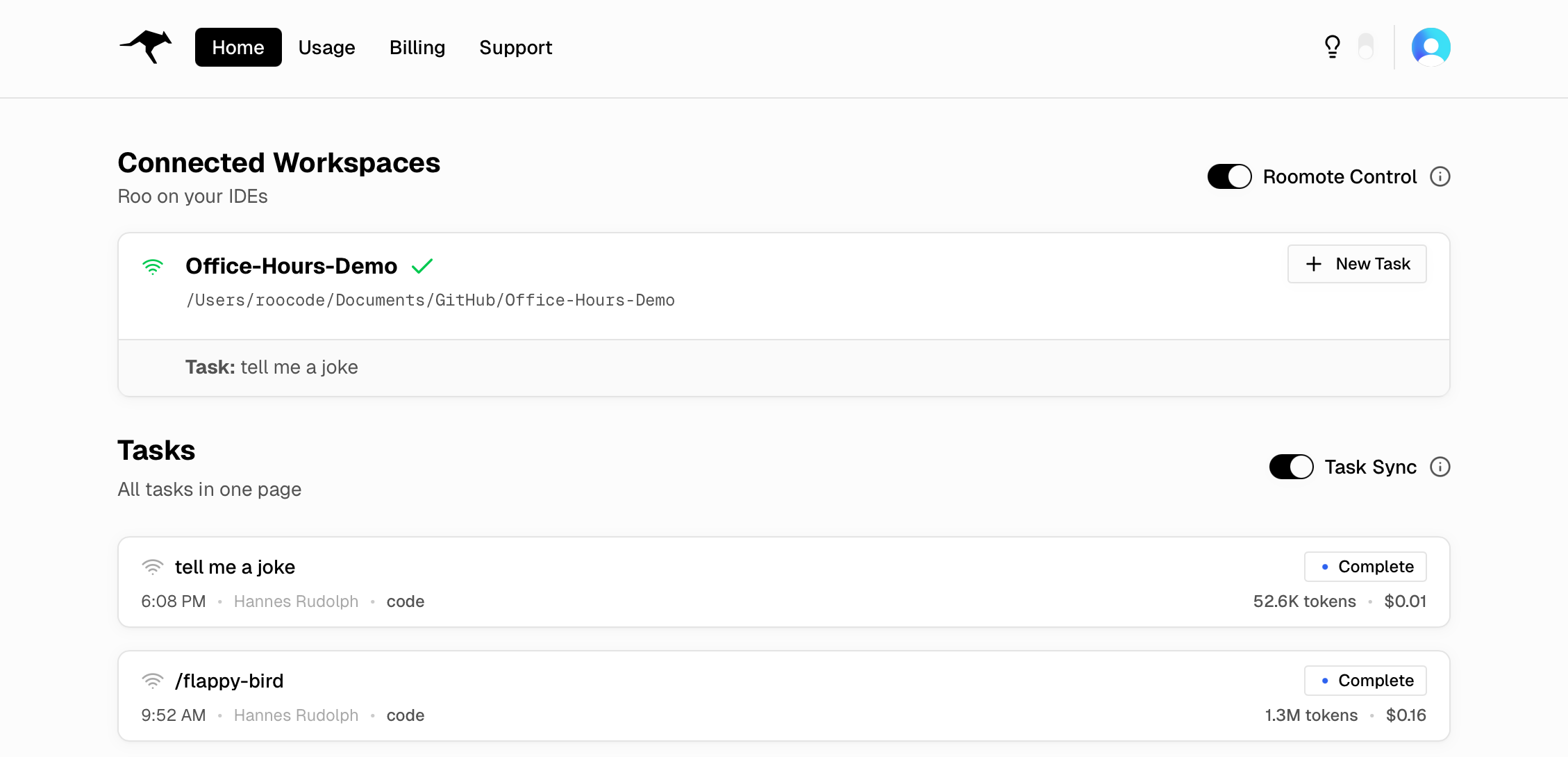 Roo Code Cloud Home page showing Roomote Control and Tasks sections