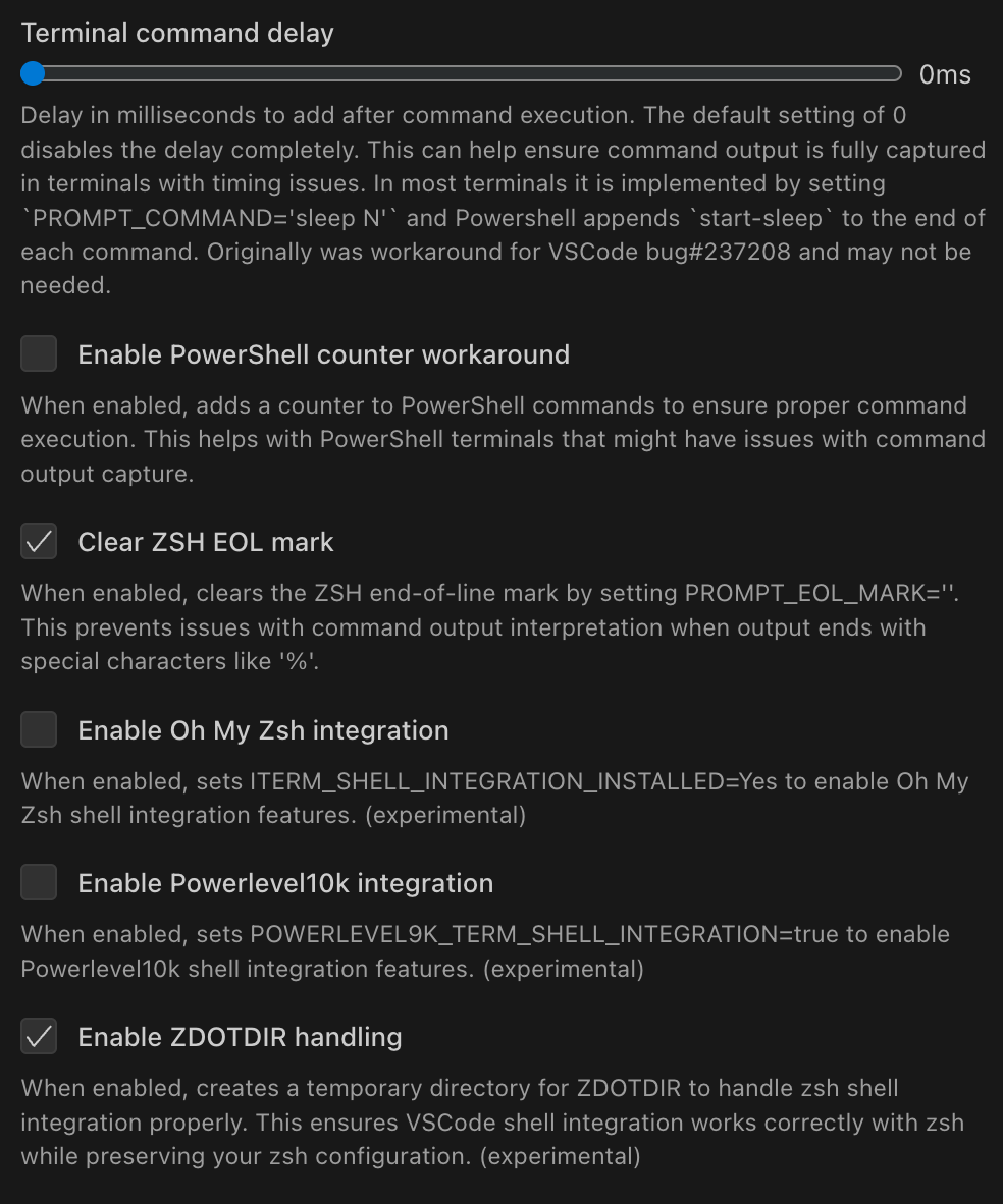 Terminal enhancements settings panel showing command delay, PowerShell counter, and ZSH options